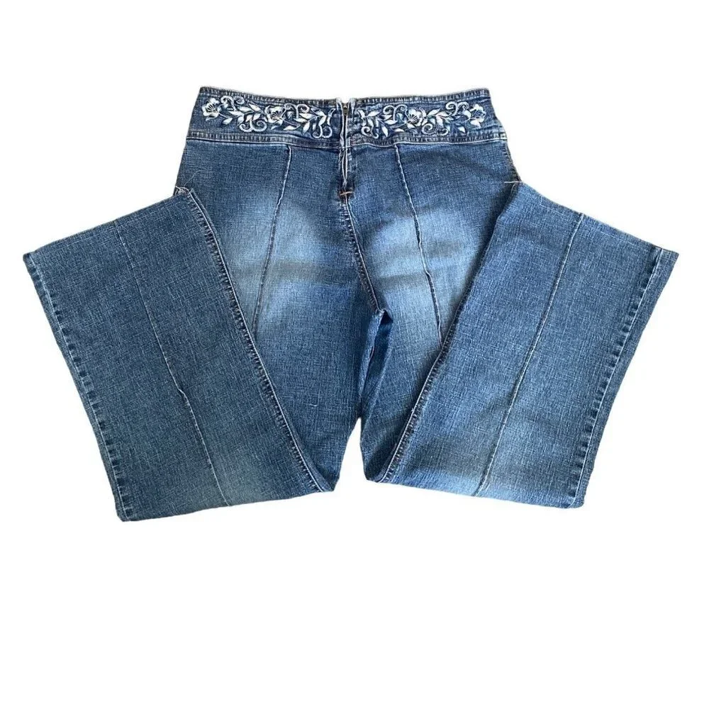 Vintage‎ Y2K Floral Embroidered Mid Waist Jeans cropped Denim Pants Women 10